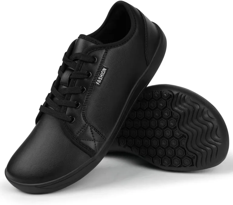 Offcup Wide Barefoot Shoes, Leather Walking Shoes, Outdoor Hiking Shoes Lightweight and Breathable Minimalist Sneakers with Zero Drop Sole Leather Shoes, Black Herr