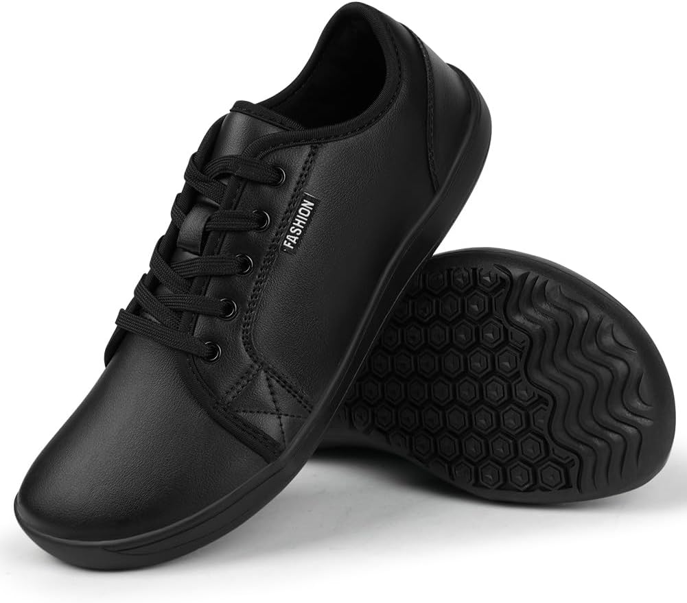 Offcup Wide Barefoot Shoes, Leather Walking Shoes, Outdoor Hiking Shoes Lightweight and Breathable Minimalist Sneakers with Zero Drop Sole Leather Shoes, Black Herr